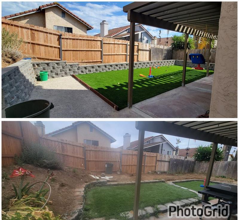 Before and after backyard transformation with turf and pergola