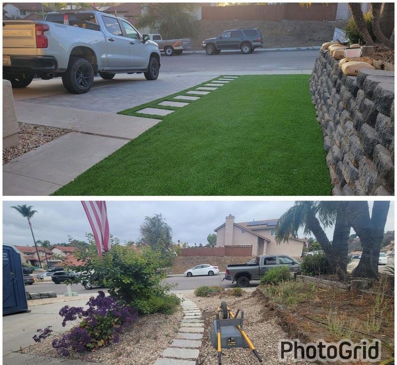 Before and after turf installation with retaining wall